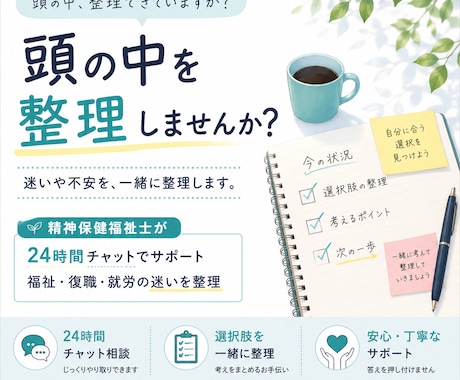 精神保健福祉士が24時間チャットで整理します 答えを押し付けず、自分で選ぶための整理をお手伝いします イメージ1