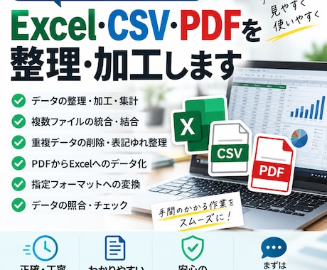 Excel・CSV・PDFデータを整理・加工します 面倒なデータ整理・集計・変換をまとめて対応 イメージ1