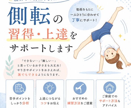 お子さまの側転の習得・上達をサポートします 動画をもとに丁寧にサポートします イメージ1
