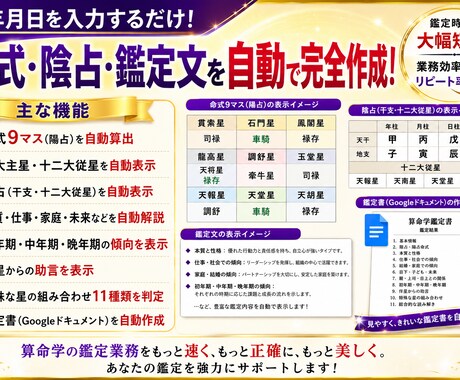生年月日から算命学の命式と鑑定書を自動作成します 命式9マス・陰占・鑑定文を自動算出！ドキュメント形式で保存！ イメージ2