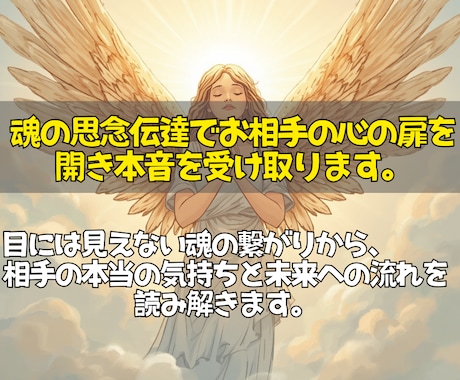 届かない想いを思念伝達で届け彼の本音を読み取ります 「今どう思っているのか」守護霊を通して心の奥を確認します。 イメージ2