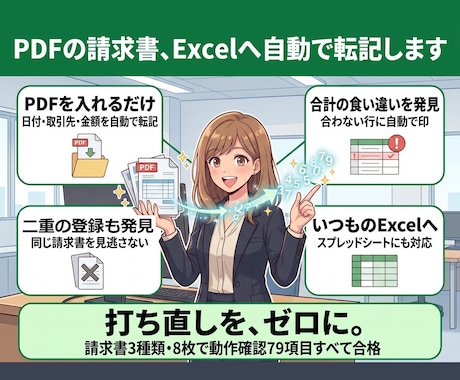 PDFの表をExcelへ自動転記します 請求書8枚で検算まで確かめた動く見本があります イメージ1