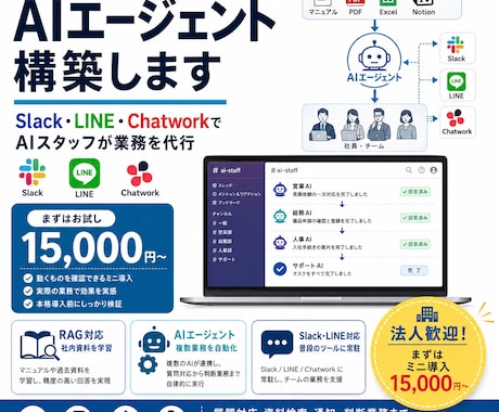 AIエージェントが複雑な業務を自律的に裁きます 自社の資料・マニュアルを学習/複数の業務を自律的にこなす設計 イメージ1