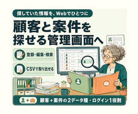 顧客・案件管理Webアプリを開発します ログイン1役割で顧客と案件を登録検索CSV出力 イメージ1