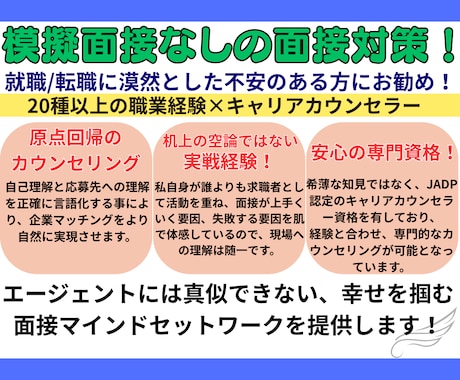 模擬面接無しでも自信がみなぎる面接対策を提供します 20種以上の職を経験したキャリアカウンセラーが伴走します！ イメージ2
