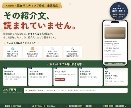 民泊の紹介文を日本語と英語で作ります 検索結果で見えるのはタイトルと写真5枚だけです イメージ1