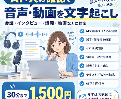 AI＋人の確認で音声・動画を文字起こしします 誤変換を丁寧に修正し、読みやすい文章に整えて納品します イメージ1
