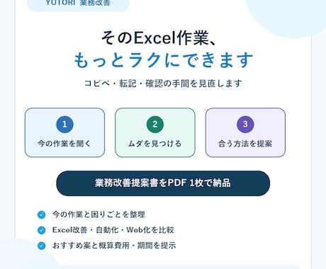 面倒なExcel作業を整理し、改善方法を提案します あなたのExcel作業を聞いて、合う改善方法を提案 イメージ1