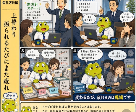職場の悩みをカエル社員4コマにします イメージ1