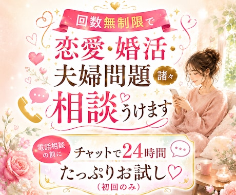 回数無制限で恋愛・婚活・夫婦問題諸々相談うけます 電話相談の前にチャットで24時間たっぷりお試し♡（初回のみ） イメージ1