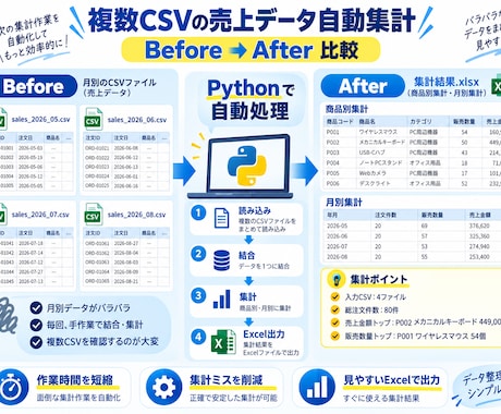 Excel・CSVの繰り返し作業を自動化しますます 面倒な集計・整形・転記をPythonで効率化 イメージ1