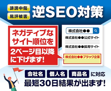 逆SEOサジェスト汚染から風評被害削除対応します 誹謗中傷のネガティブワードを非表示 2ページ以降に下げます イメージ1