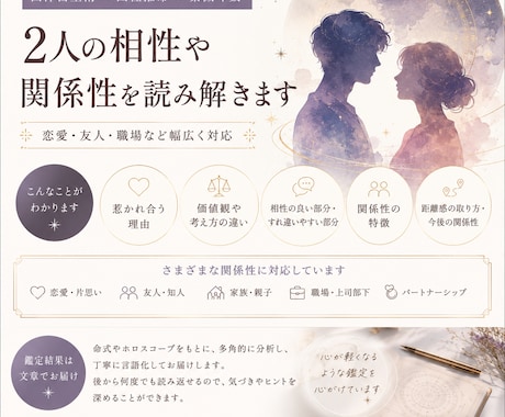 2人の相性や関係性を読み解きます 恋愛だけでなく、友人・家族・職場などの相性分析も可能です◎ イメージ1