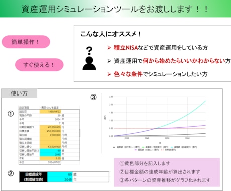 3,000円　資産運用の計算シートをお渡しします 年齢や目標金額などを入力するだけで簡単にシミュレーション！ イメージ1