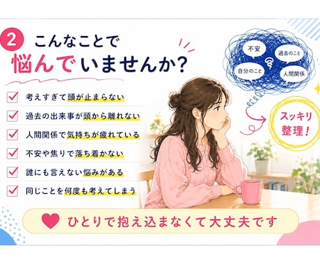 精神科歴10年｜あなたの脳内パニックを整理します あなたのぐちゃぐちゃな悩みを1テーマずつ言語化し整理します イメージ2