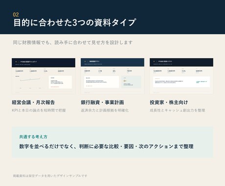 財務数値を見やすい経営資料に整えます 経営会議・融資・投資家向けの資料に対応 イメージ2