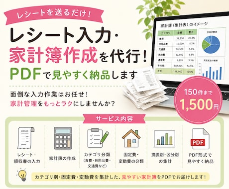 レシート・家計簿の入力代行！PDFで納品します カテゴリ別に集計した家計簿をPDFでお届けします。 イメージ1