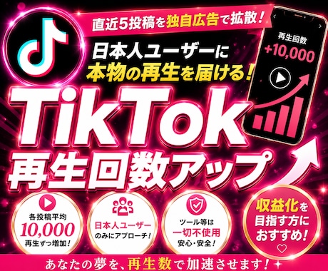 TikTok直近5投稿の日本人再生回数を増やします 直近5投稿~の再生回数を拡散します！独自の広告拡散！ イメージ1