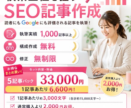 5記事分上位表示狙う!現役SEOプロが執筆します 質は落とさず外注費を抑えたい方・サイトの専門性を高めたい人へ イメージ1