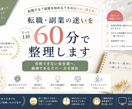 転職・副業の迷いを60分で整理します 失敗できない会社員へ。納得できる次の一歩を設計 イメージ1