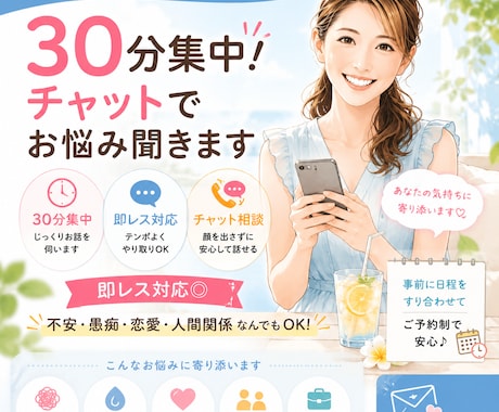 ３０分集中！チャットでお悩み聞きます ３０分間即レス対応！ 不安・愚痴・恋愛・人間関係なんでもOK イメージ1