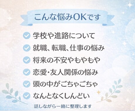 10代後半〜20代の悩みを聞いて整理します モヤモヤを言葉にして、次の一歩を見つけよう イメージ2