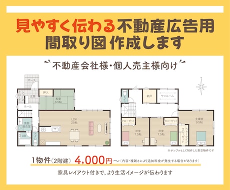 見やすく伝わる間取り図を丁寧に作成いたします チラシ・資料に使いやすいシンプルな間取り図を作成いたします イメージ1