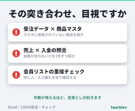 Excel・CSVを突合し登録漏れを見つけます 登録漏れ・不一致を一覧化。総額表示・通話なし・修正1回込み イメージ2