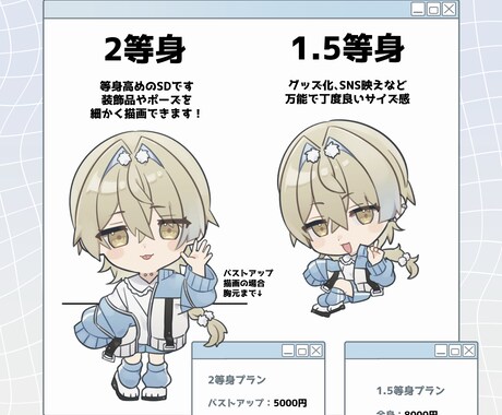 ぷにぷにとしたデフォルメイラストの制作いたします サイズ感は3つの等身オプションからお選びいただけます◎ イメージ2