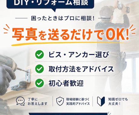 DIY相談写真でビスやアンカー選びをサポートします 写真を送るだけ、ビス・アンカー取付の相談に丁寧にお答えします イメージ1
