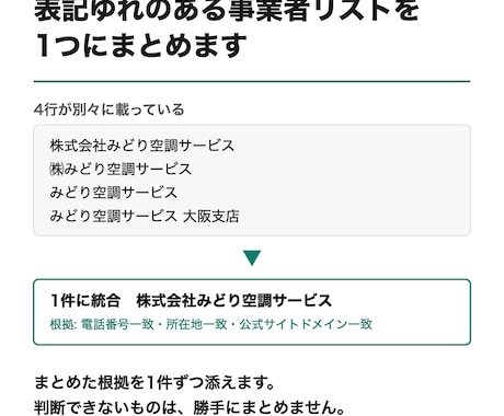 表記ゆれのある事業者リストを名寄せします 名寄せの根拠を1件ずつ添えます。迷ったものは残します イメージ1