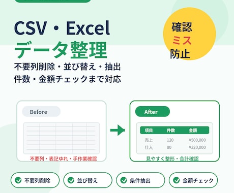 CSV・Excelデータを整理します 不要列削除・並び替え・件数金額チェック イメージ1
