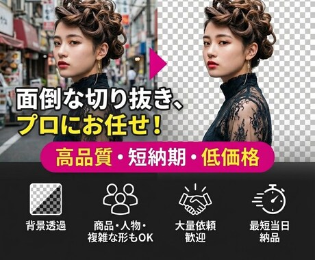 SNSや物販に最適な切り抜き承ります 商品・人物・ペットの切り抜き不自然さ0・EC用・SNS用に イメージ1