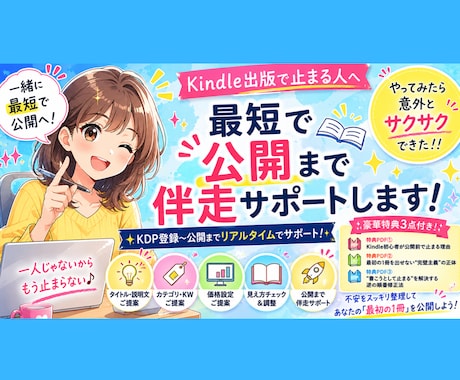 kindle出版で止まる人を公開まで最短伴走します AIを併用し公開までの不安・設定・流れを一緒に整理します イメージ1