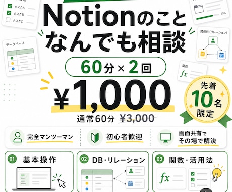 限定価格｜Notionの疑問を徹底的に解決します 画面を共有しながらの解説。丁寧な解説が必要な方へ イメージ1