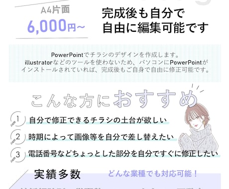 PowerPointでチラシをデザインします PowerPointなので、完成後も自分で自由に編集可能です イメージ2