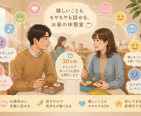 嬉しい事モヤモヤも、チャットでお話をお聞きします 「ちょっと聞いてほしい」を話せるお昼の休憩室です ⚘˖* イメージ1
