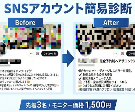 SNSアカウント簡易診断・改善します 選ばれるSNSへ。プロが改善ポイント可視化（モニター3名） イメージ1