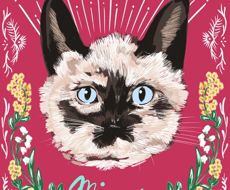 ペットの似顔絵をヴィンテージスカーフ風に描きます レトロでおしゃれな、スカーフのようなオリジナルデザイン イメージ1