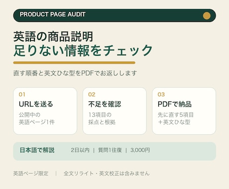英語の商品説明で足りない情報をチェックします 直す順番と英文ひな型をPDFでお返しします イメージ1