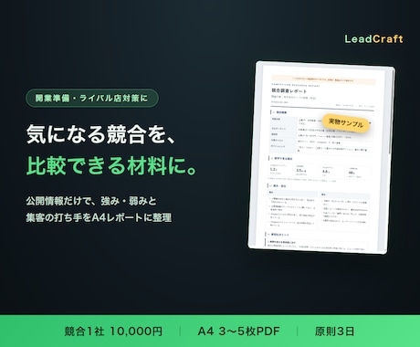 競合の公開情報を調べてレポートにまとめます 公開情報だけで、競合の強み・弱みと打ち手を整理します イメージ1