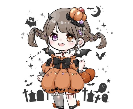 ハロウィンミニキャライラストお描きします 基本の髪型、目の色色変更でお安く、オプションで髪型変更も可能 イメージ2