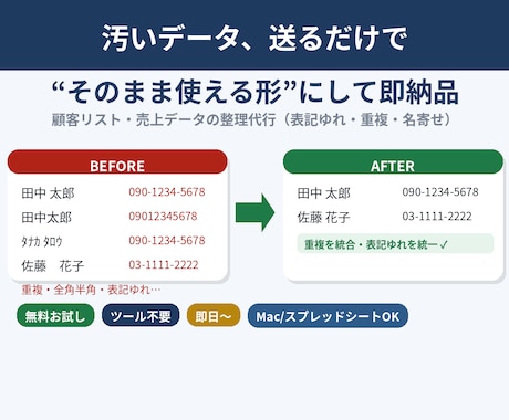 データの名寄せ・重複削除・表記統一します 汚い顧客リスト、送るだけでそのまま使える形に整えます イメージ1