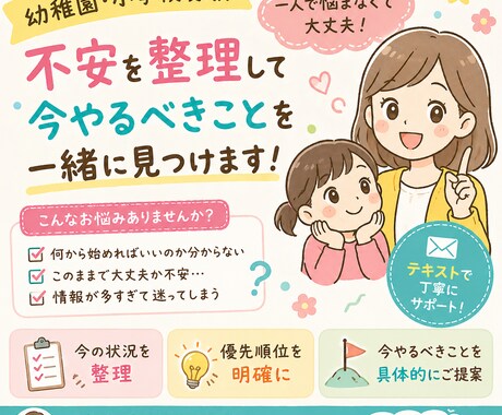幼稚園・小学校受験の不安整理と行動提案をします ご家庭の状況を整理し、無理なく進める形に整えます イメージ1