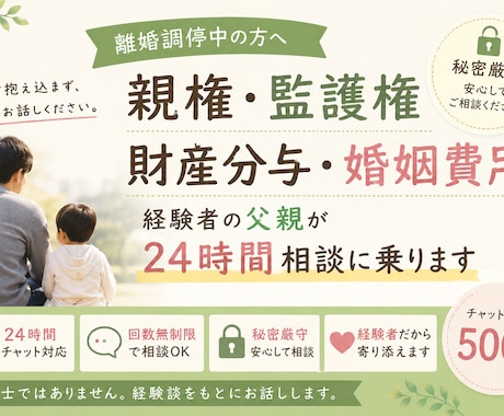 離婚調停・親権問題の不安を経験者がお聞きします 家庭裁判所調査官との面談が不安な方、経験者が相談に乗ります イメージ1