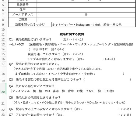 脱毛サロンで使えるカウンセリングシートご提供ます 脱毛サロン専用カウンセリングシートをExcelでお送りします イメージ2