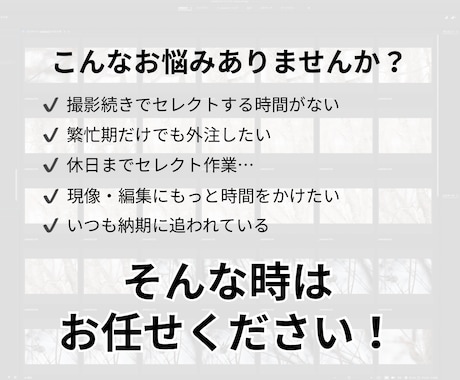 撮影会社・カメラマン向け｜写真セレクト代行します 撮影現場を知るスタッフが丁寧に対応 イメージ2