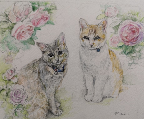 水彩色鉛筆で愛犬愛猫愛鳥の可愛いイラスト描きます 色とりどりのお花に囲まれ庭園にいるような優しい雰囲気の画風。 イメージ2