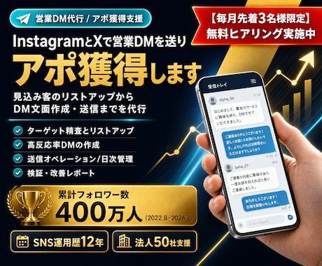 インスタグラムとXで営業DMを送りアポ獲得します リスト作成から文面・送信100件 イメージ1