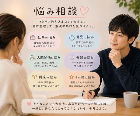 仕事、恋愛相談•交友関係のお悩み、なんでも聞きます 傾聴大得意！解決策、アドバイスもお伝えします！ イメージ1